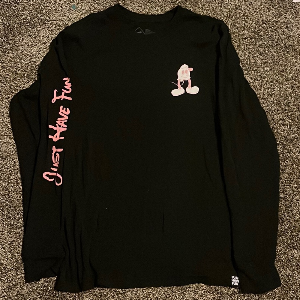 Just Have Fun black long sleeve shirt with graphic, size small, new condition